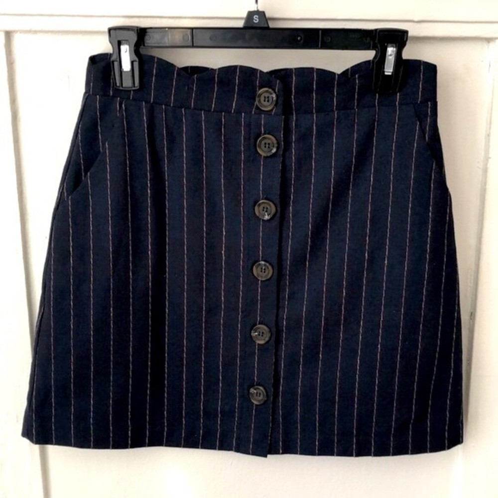 NWT Altar’d State Pinstriped Mini Skirt Button Front Scalloped Small Navy Blue